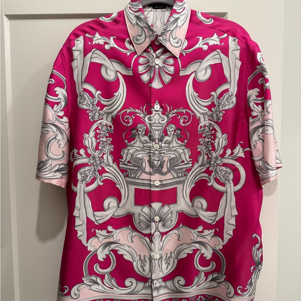 Versace Baroque Print Pink and White Silk Short Sleeve Button Down Shirt